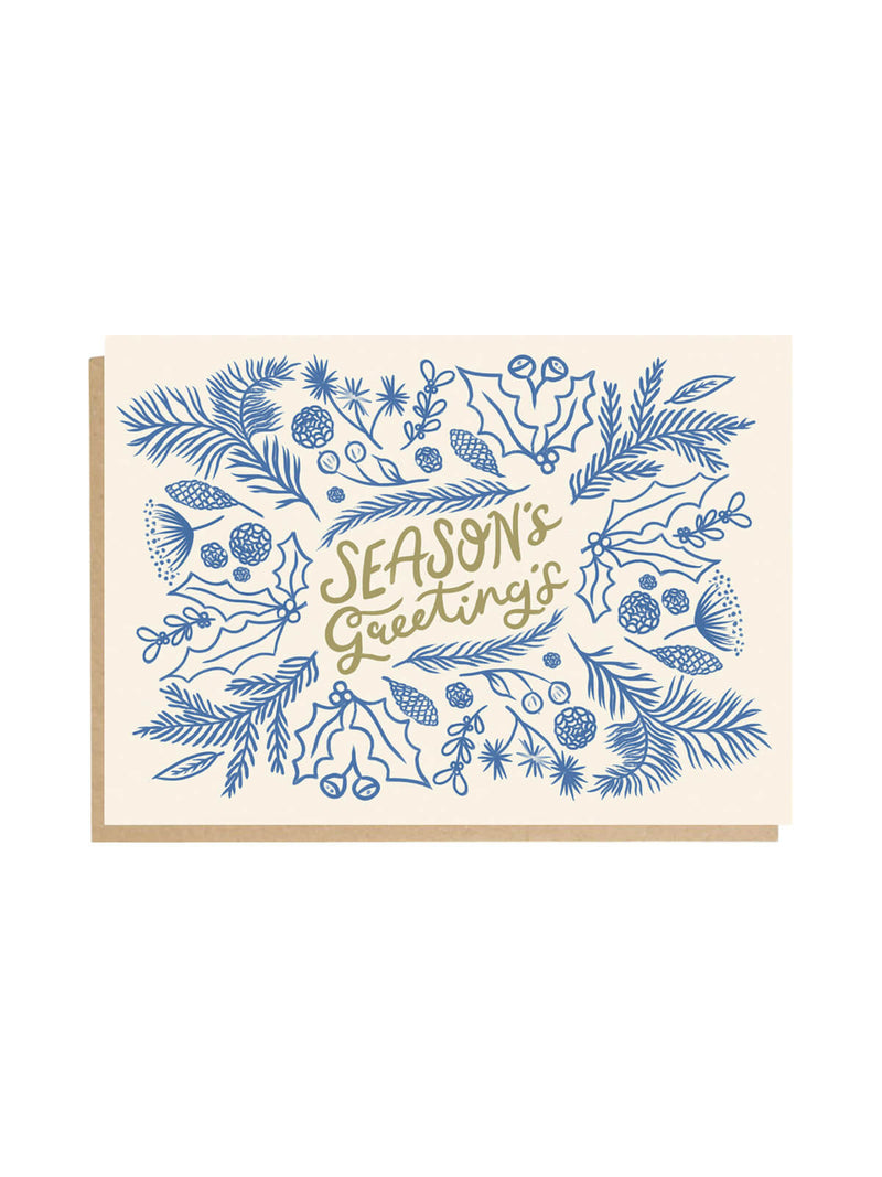 Seasons greetings blue holly card