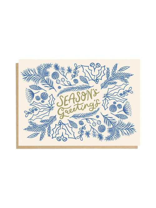 Seasons greetings blue holly card